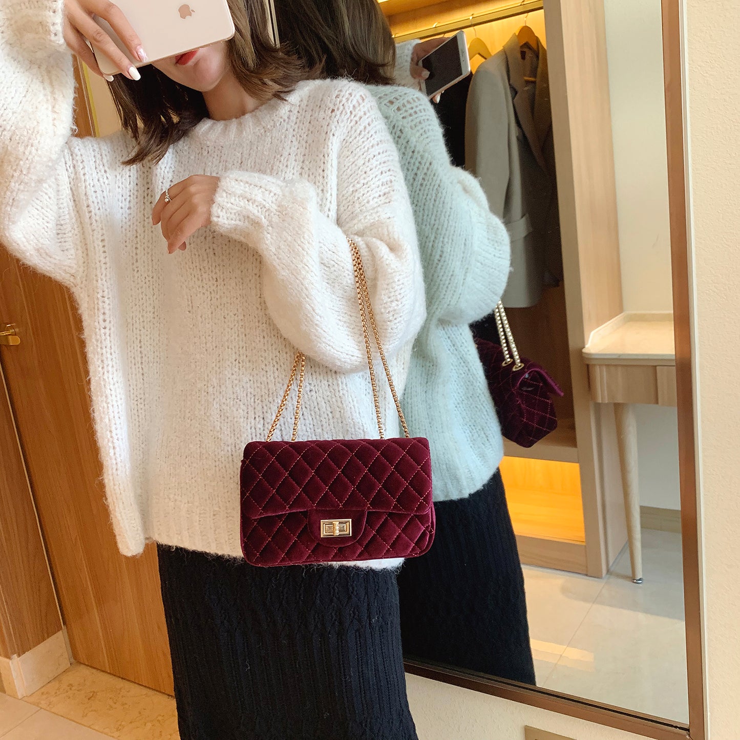 Diamond Lattice Small Square Bag Luxury Trendy Chain Crossbody Bags Soft Velvet Shoulder Handbags Women Bolsa de Hombro