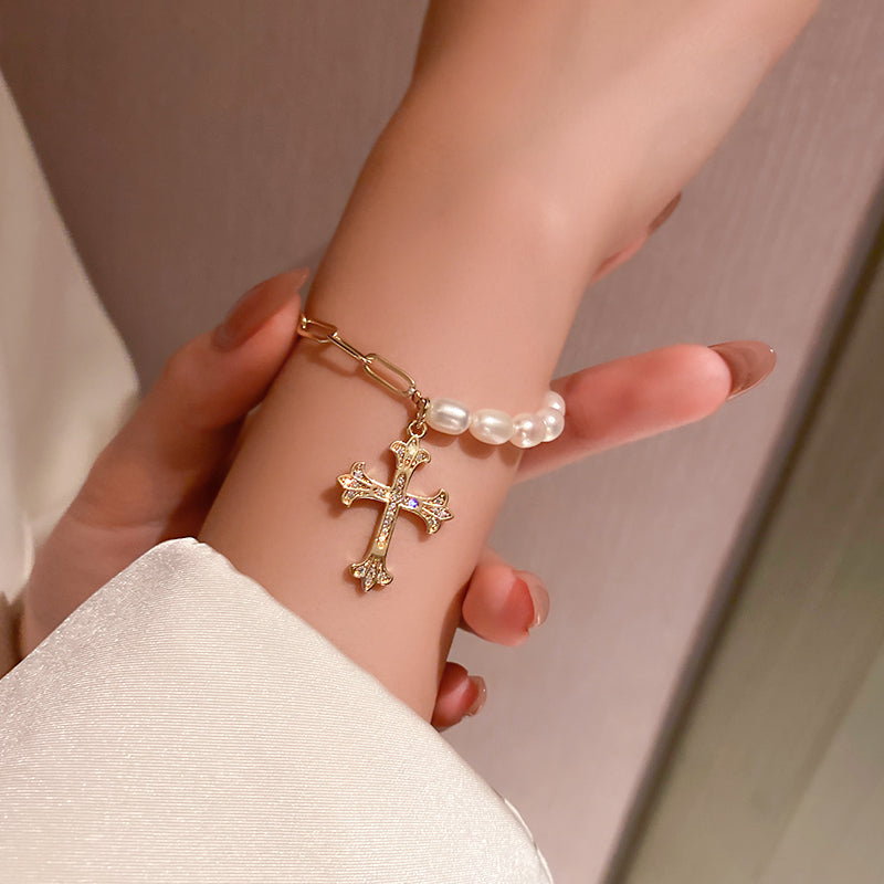 L - fashion trendy cross freshwater pearl womens necklace 2021