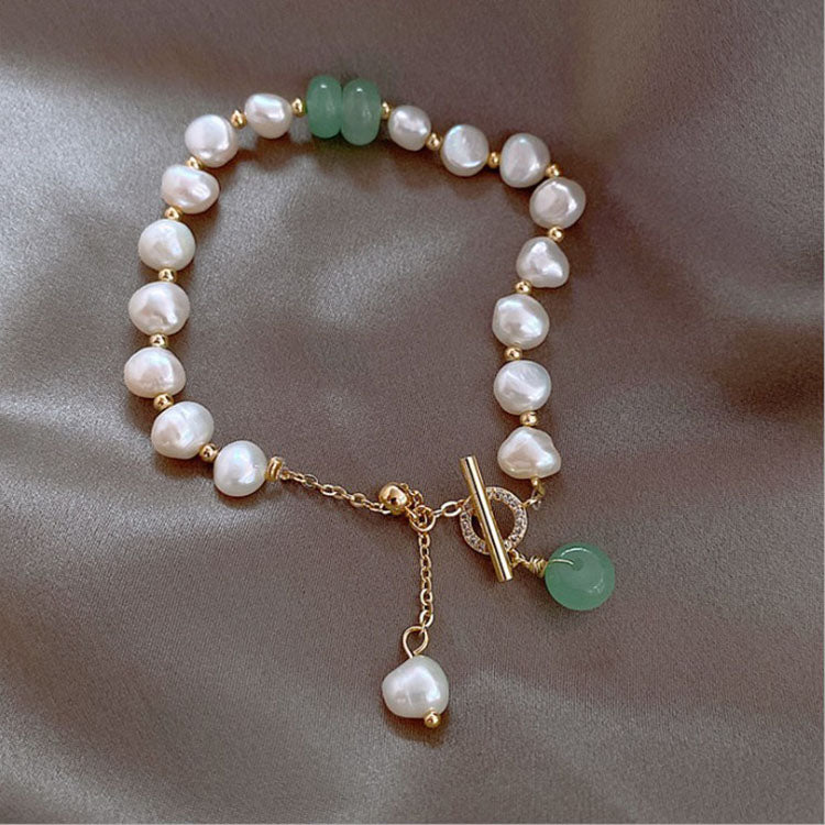 V - Real Jade & Fresh Water Pearl Crystal Charm Adjustable Bracelet Real Pearls White Baroque Gold Gift