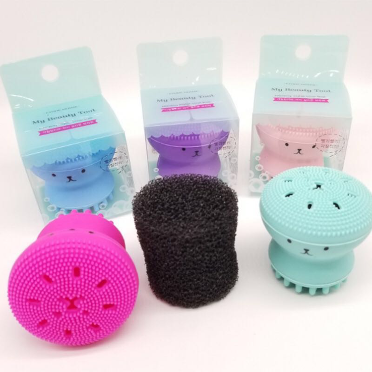 A - Cute Skin Cleanser Brush Exfoliating Makeup Scrubber Pink Purple Blue Green Octopus silicone