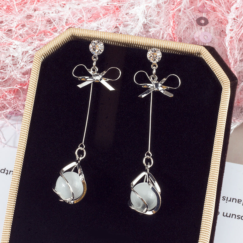N - Opal Bead Bow Dangle Earrings 925 Sterling Silver Post Gold Drop Earrings Jewelry Gift Women