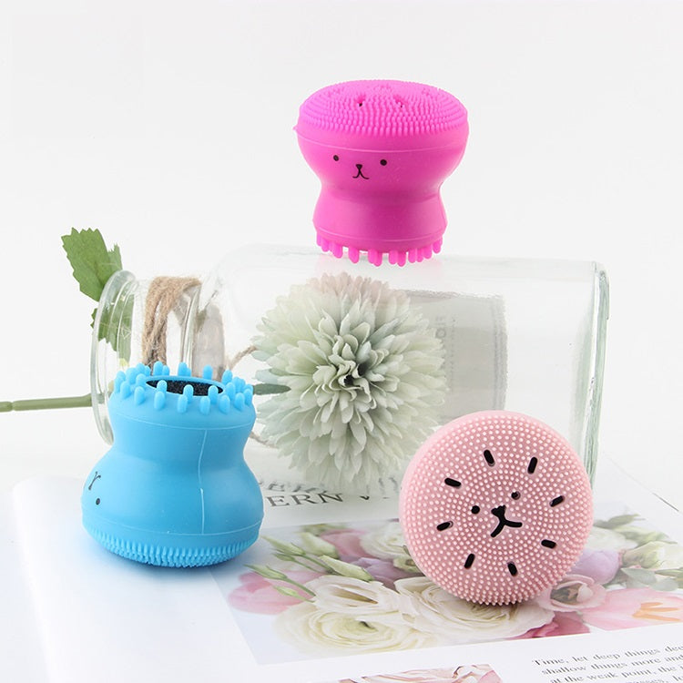 A - Cute Skin Cleanser Brush Exfoliating Makeup Scrubber Pink Purple Blue Green Octopus silicone