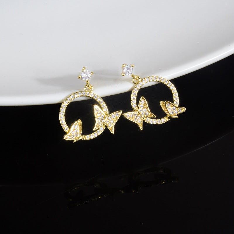 D - Gold Circle Butterfly Earrings 925 Sterling Silver Post Crystal Cubic Zirconia Earring Gift