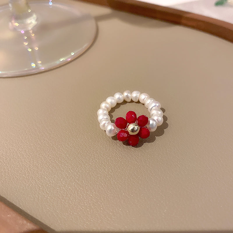 Crystal Pearl Flower Fruit Ring Women