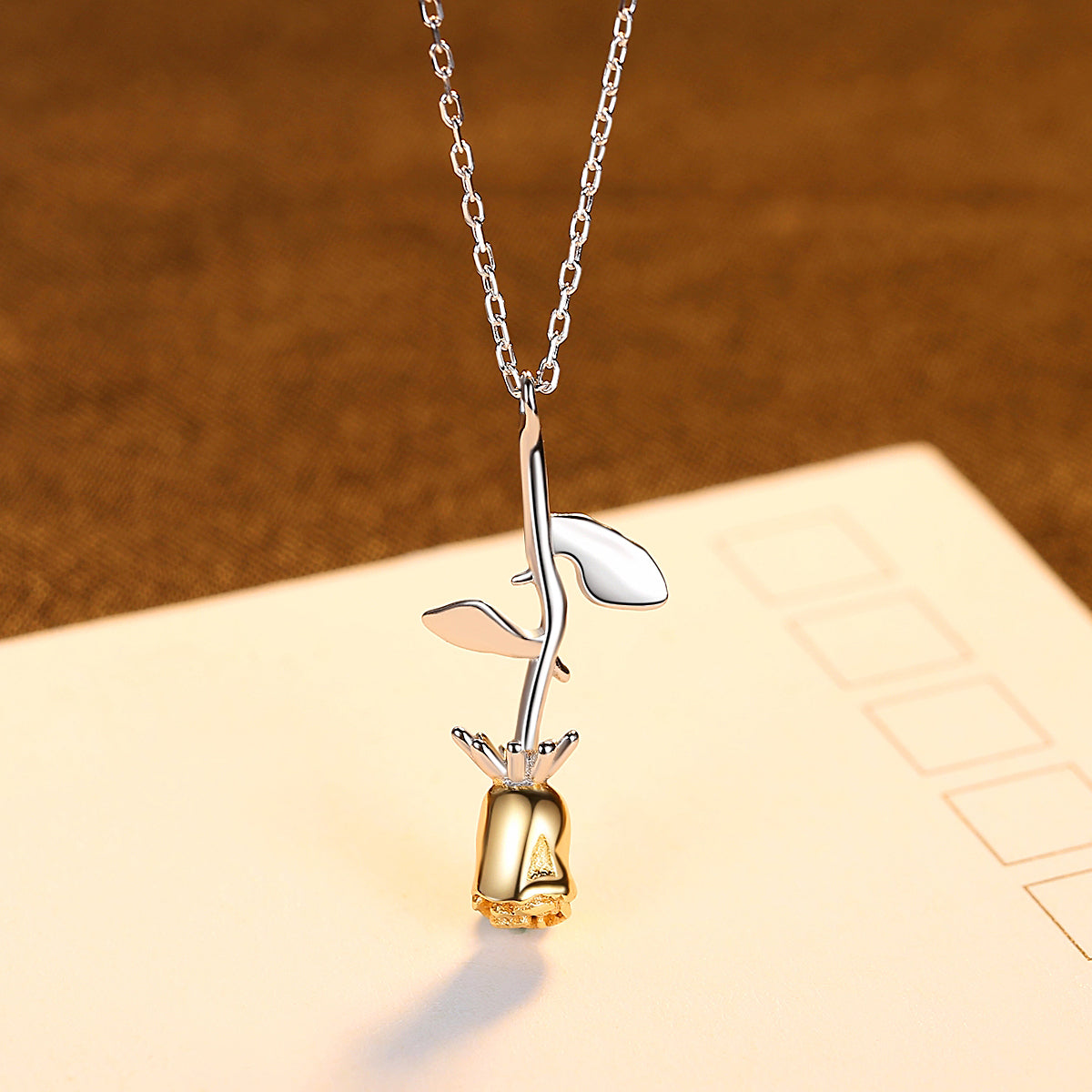 G - Rose Stem Necklace 18K Gold Plated on 925 Sterling Silver Belle Beauty & the Beast Pendant Gift