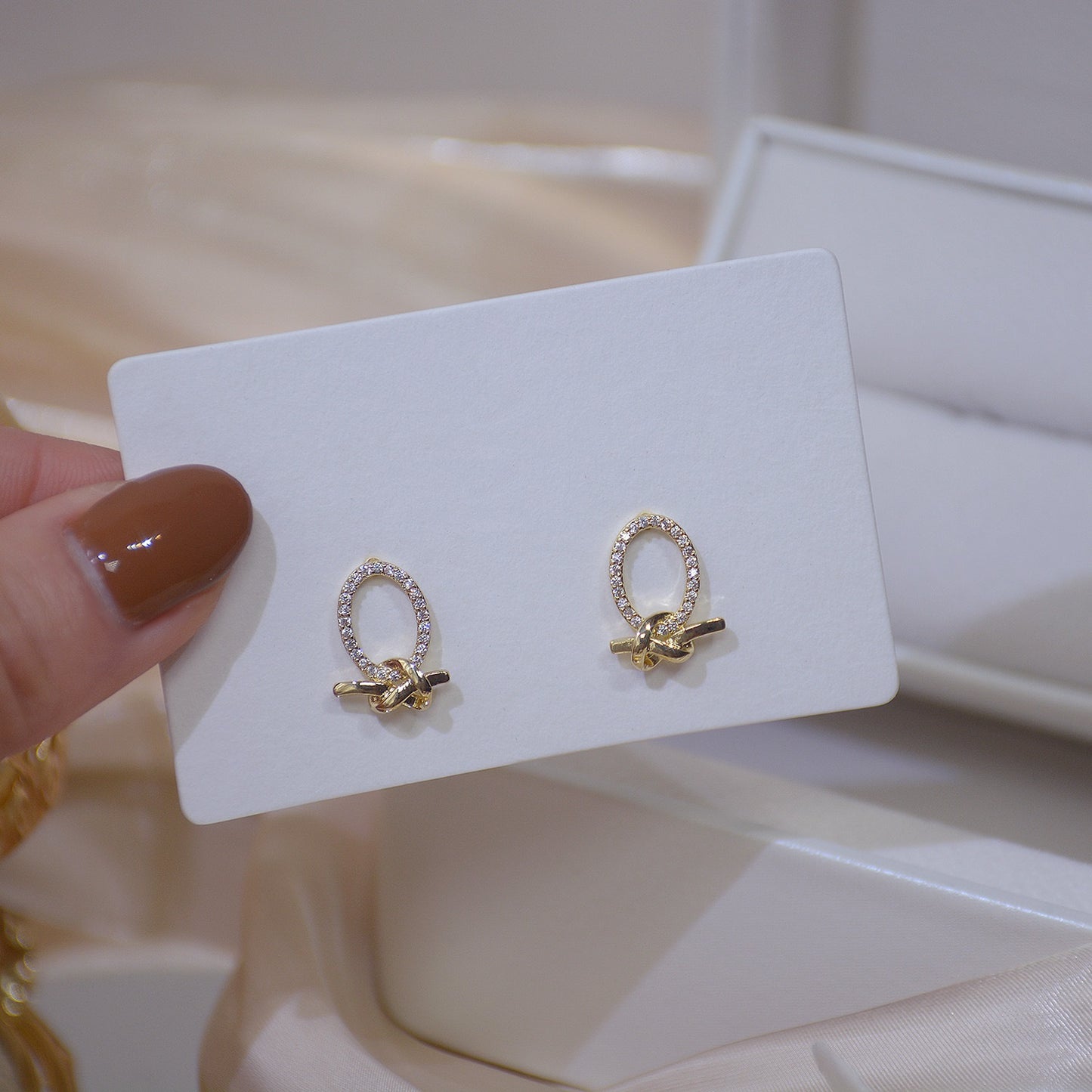 A - Gold Circle Bow Tie Earrings Crystal 925 Sterling Silver post Dainty Earring Gift