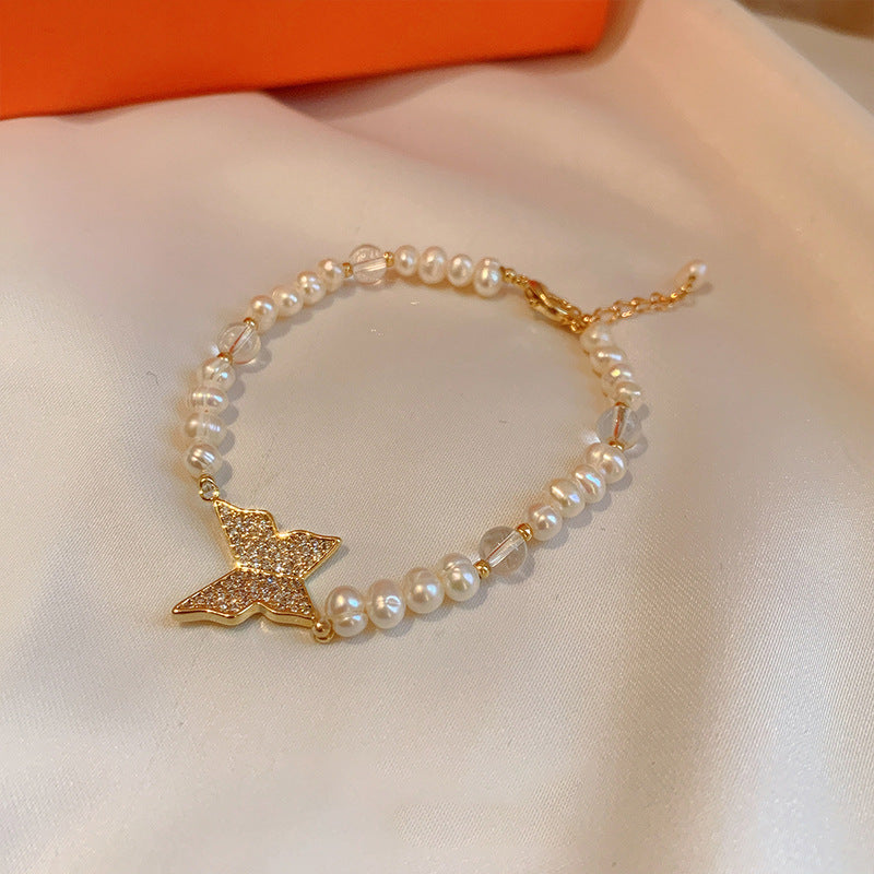 U - Golden Butterfly Real Fresh Water Pearl Gold Bead Bracelets Gift