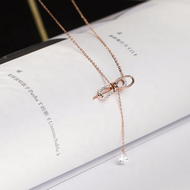C - Rose Gold Crystal Butterfly Bow Tassel Chocker Alloy Necklace Pendant Birthday Wedding Gift