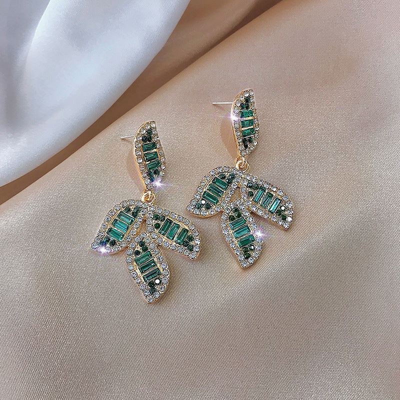 Green Leaf Crystal Beaded Earring Statement Modern Dangle Earrings Gift