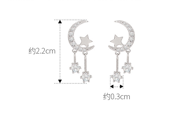 925 sliver simple and sweet crystal rhinestone star and moon shape tassel earrings women