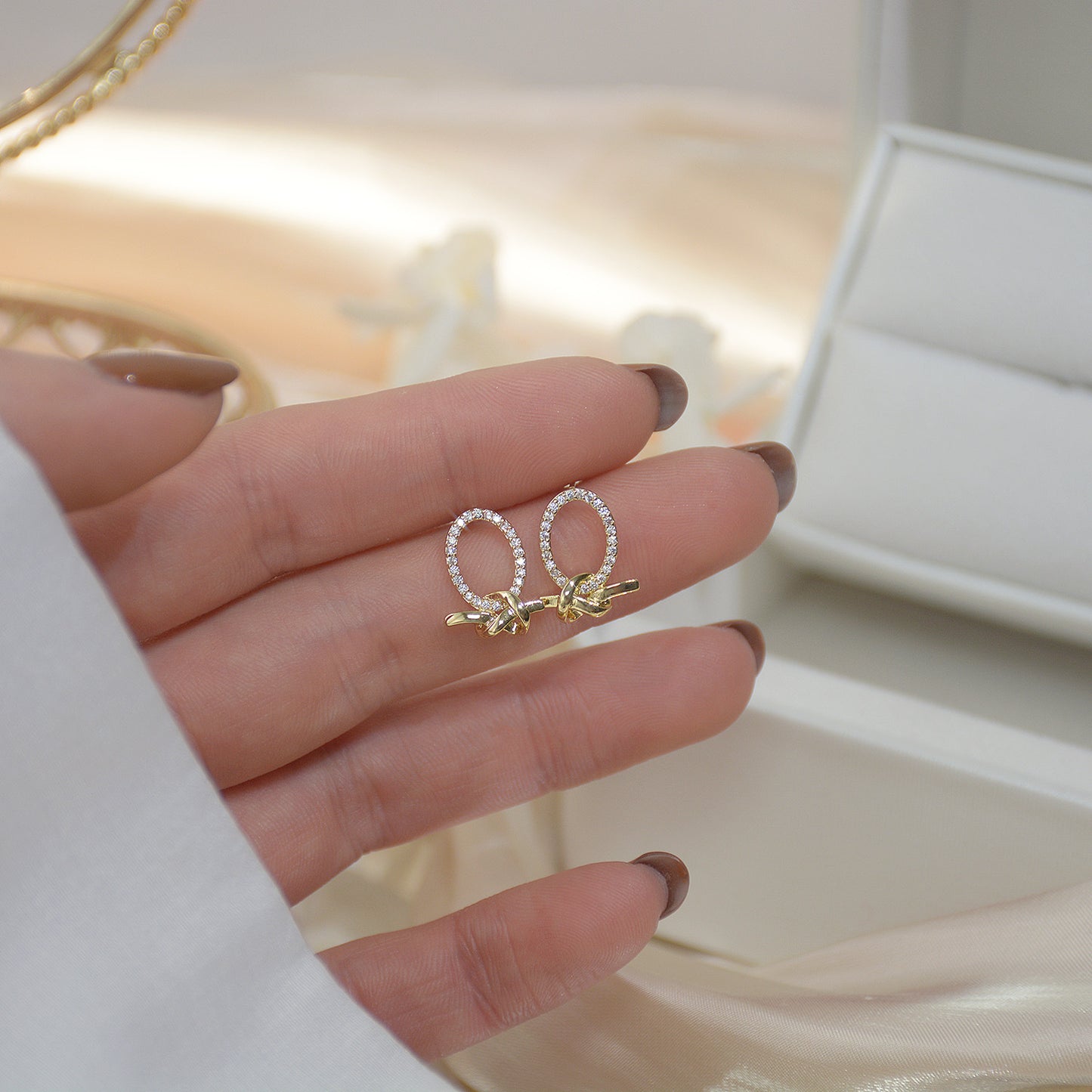 A - Gold Circle Bow Tie Earrings Crystal 925 Sterling Silver post Dainty Earring Gift