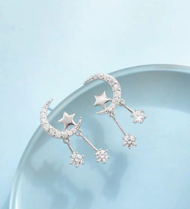 925 sliver simple and sweet crystal rhinestone star and moon shape tassel earrings women
