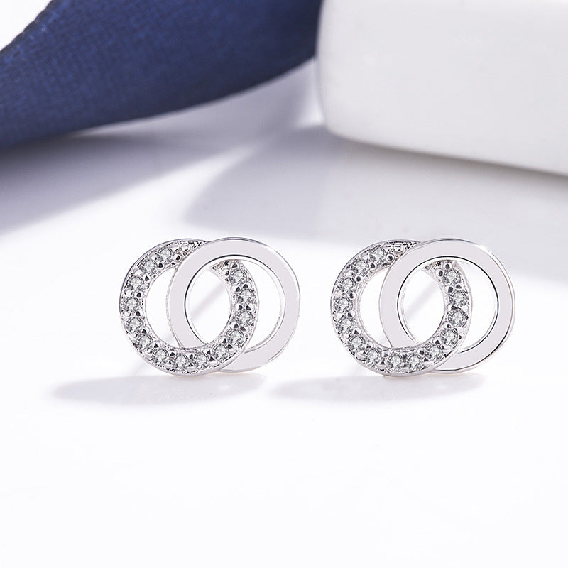 E - Silver Interlocking Circles Diamond Cubic Zirconia Earrings 925 Sterling Silver Dainty Earring Jewellery Gift