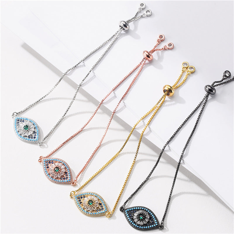 Q - Evil Eyes Bracelet Real Gold Plating Micro CZ Pave Devil Eyes Adjustable Bracelet For Women