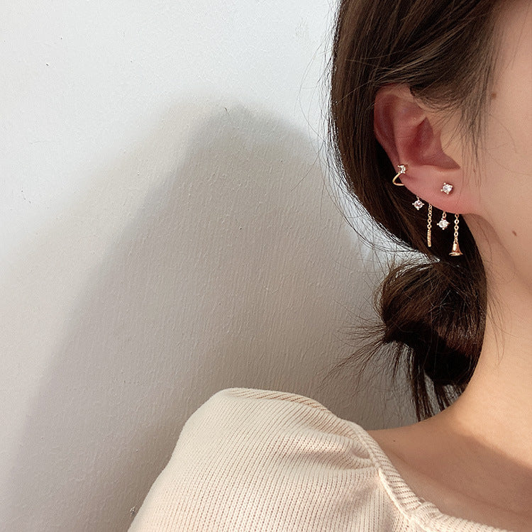 E - Gold Bell Tassel Asymmetrical Crystal Earrings Dangle Drop Diamond Cubic Zirconia 925 Sterling Silver Earring Gift