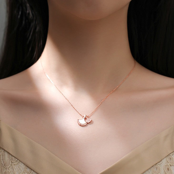 925 silver Korean sweet and temperament rose gold rhinestone double Ginkgo leaf shape pendant necklace women