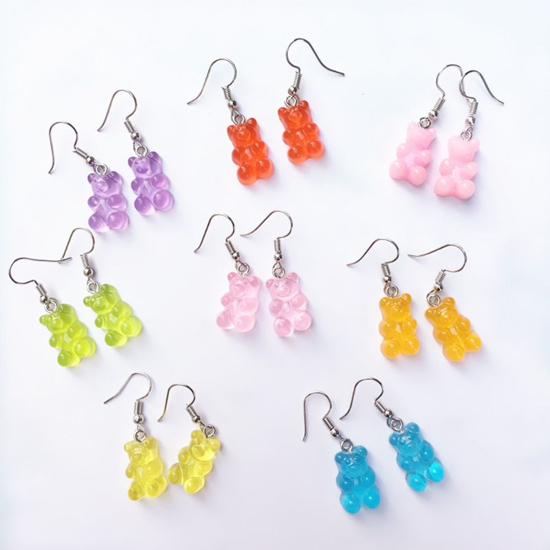 SSX - Gummy Bear Charm Earrings Teddy Sparkles Resin Handmade Hook Dangle Stud Earring Gift Kids Teens Adults