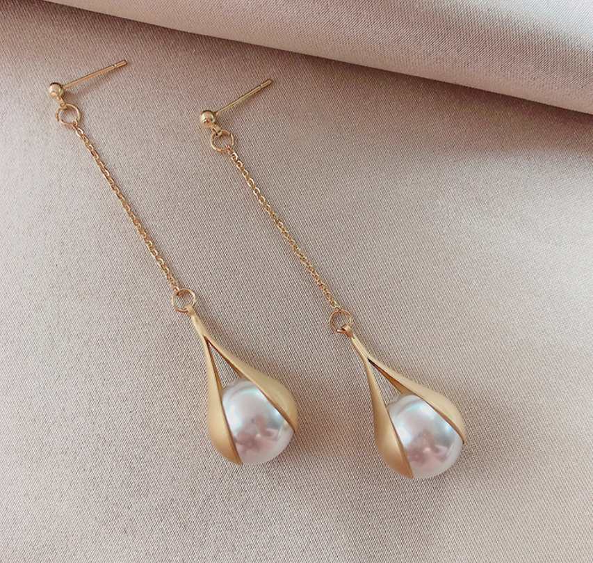 E - Trendy Gold Water Drop Earrings French Elegant Long Tassel Pearl Dangle Earrings Jewelry