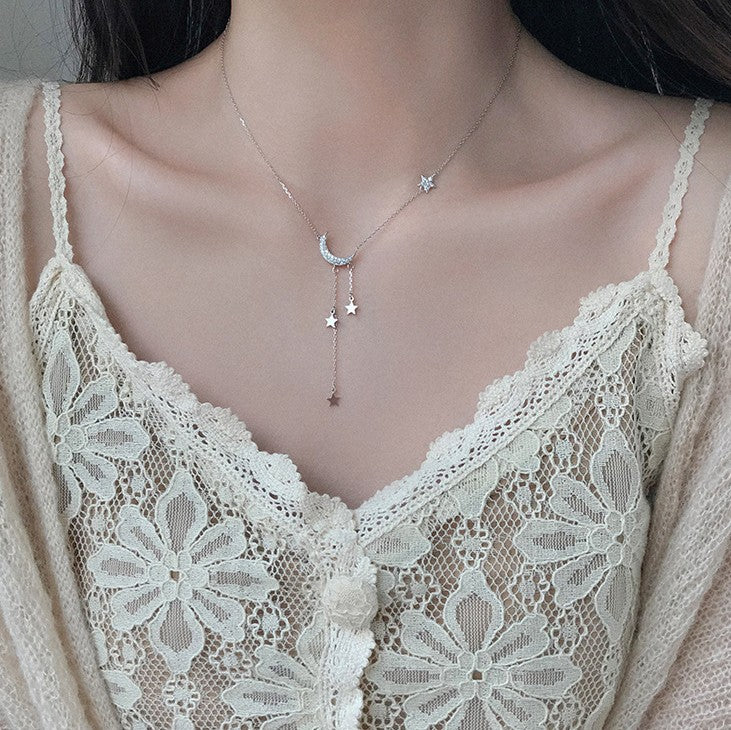 O - Stars & Moon Sterling 925 Silver Jewelry High Shine Crystal Choker chain necklace Gift