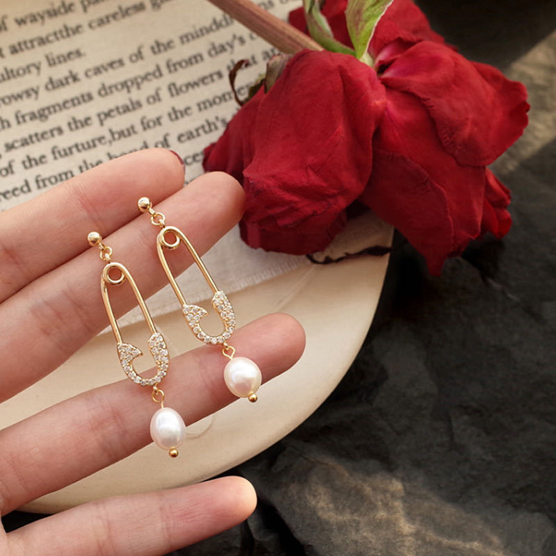 N - Real Pearl Baroque Crystal Paper Clip Gold Earrings Gift Girls Birthday Wedding Anniversary Gifts