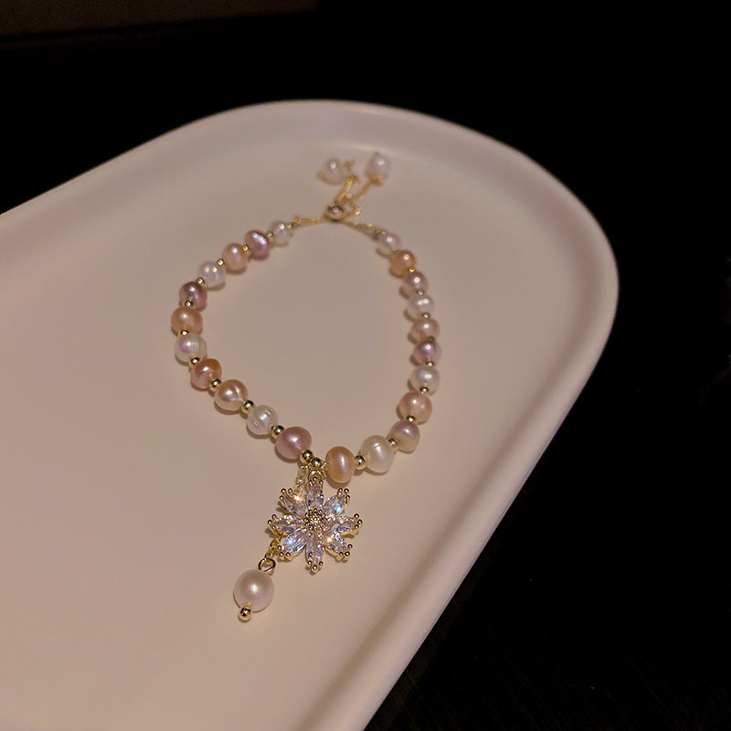L - Daisy Charm Real Fresh Water Pearl Gold Bead Bracelets Gift