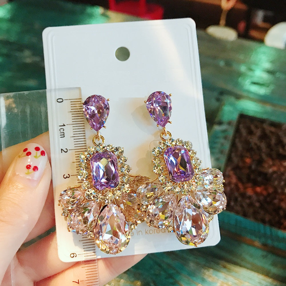 Purple Gem Drop Earrings 925 Sterling Silver Hypoallergenic Statement Rhinestone Crystal Gift
