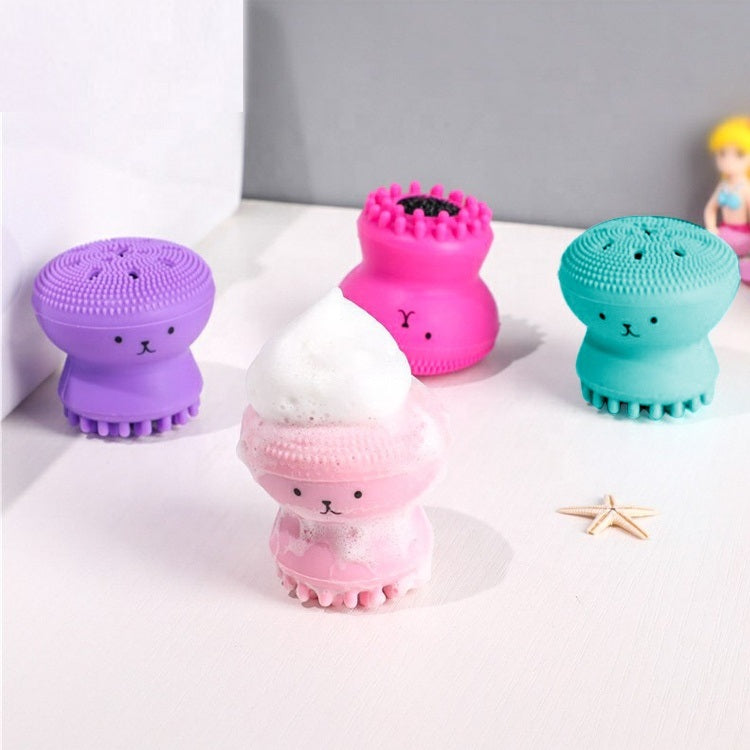 A - Cute Skin Cleanser Brush Exfoliating Makeup Scrubber Pink Purple Blue Green Octopus silicone