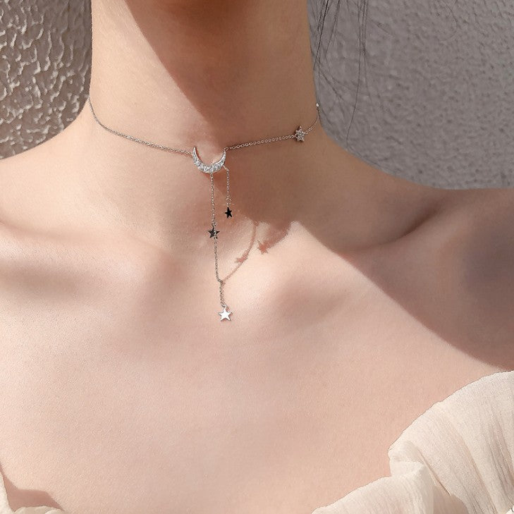 O - Stars & Moon Sterling 925 Silver Jewelry High Shine Crystal Choker chain necklace Gift