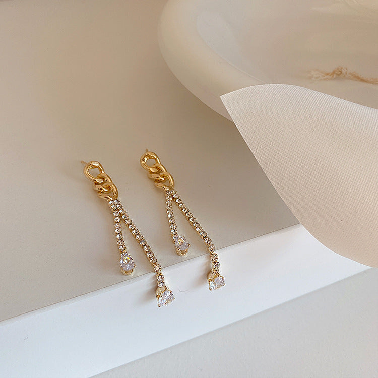 A - 18K Gold Plated Double Diamond Cubic Zirconia Chain Earring Drop Gift