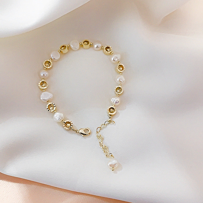 L - Gold Circle Charm Adjustable Real Pearls White Baroque Gift Birthday Wedding Graduation