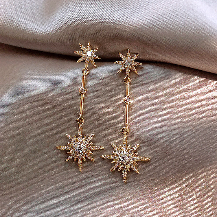 K - Star Burst Crystal Earrings Dangle Drop Diamond Cubic Zirconia 925 Sterling Silver Earring Gift