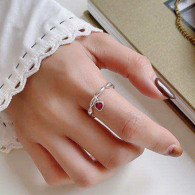 925 silver red heart charm ring