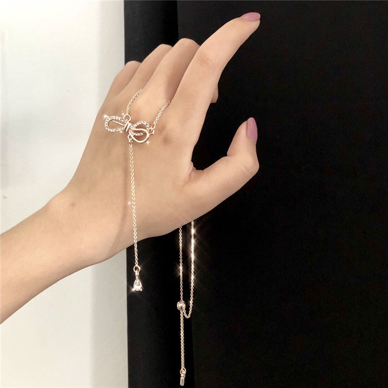 C - Rose Gold Crystal Butterfly Bow Tassel Chocker Alloy Necklace Pendant Birthday Wedding Gift