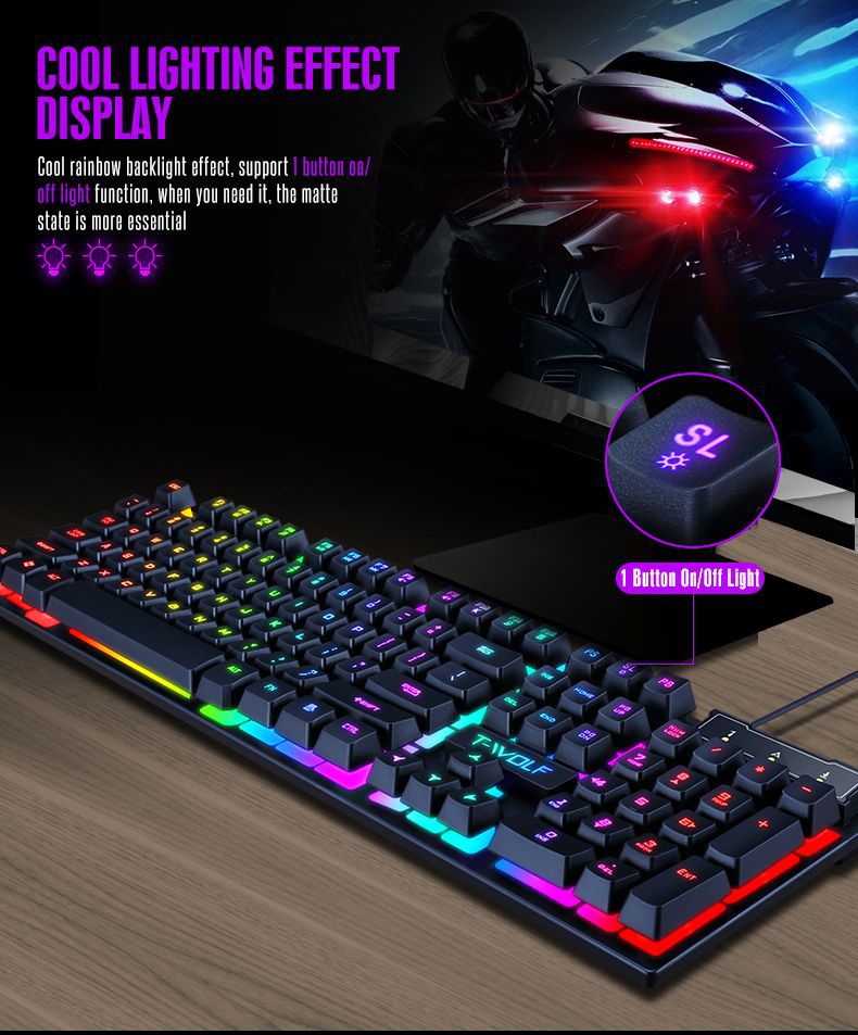 N - TF200 Rainbow Backlight Gaming Mechanical Keyboard and Mouse Set USB Wired 104 Keys LED For Windows PC