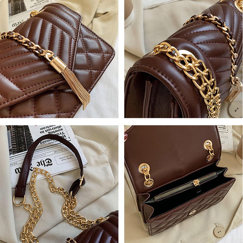 Vintage Striped Weave Pure Color Shoulder Bags Chain Crossbody Purse Sac Luxury Diamond Lattice Tassel Flap Handbags Women Bag