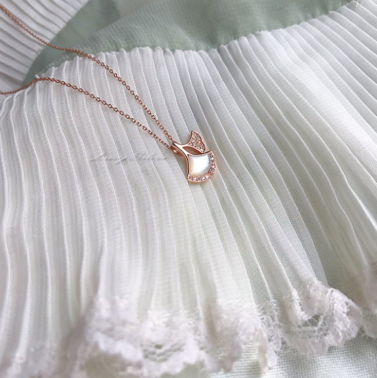 925 silver Korean sweet and temperament rose gold rhinestone double Ginkgo leaf shape pendant necklace women