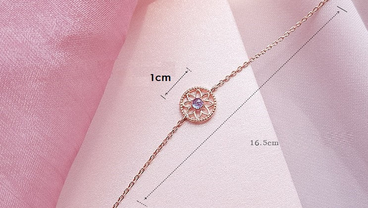 M - Rose Gold Circle Flower Blue Crystal Adjustable Bracelet 925 Sterling Silver