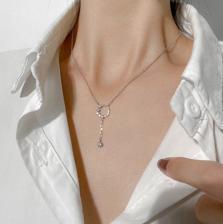 O - Crystal Circle Pendant Necklace 925 Sterling Silver Dangling Zircon Choker Gift