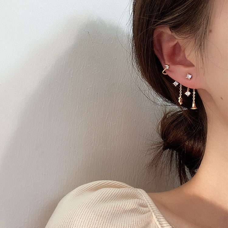 E - Gold Bell Tassel Asymmetrical Crystal Earrings Dangle Drop Diamond Cubic Zirconia 925 Sterling Silver Earring Gift