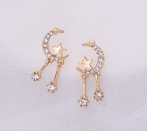 925 sliver simple and sweet crystal rhinestone star and moon shape tassel earrings women