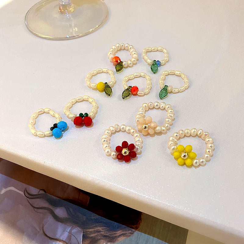 Crystal Pearl Flower Fruit Ring Women