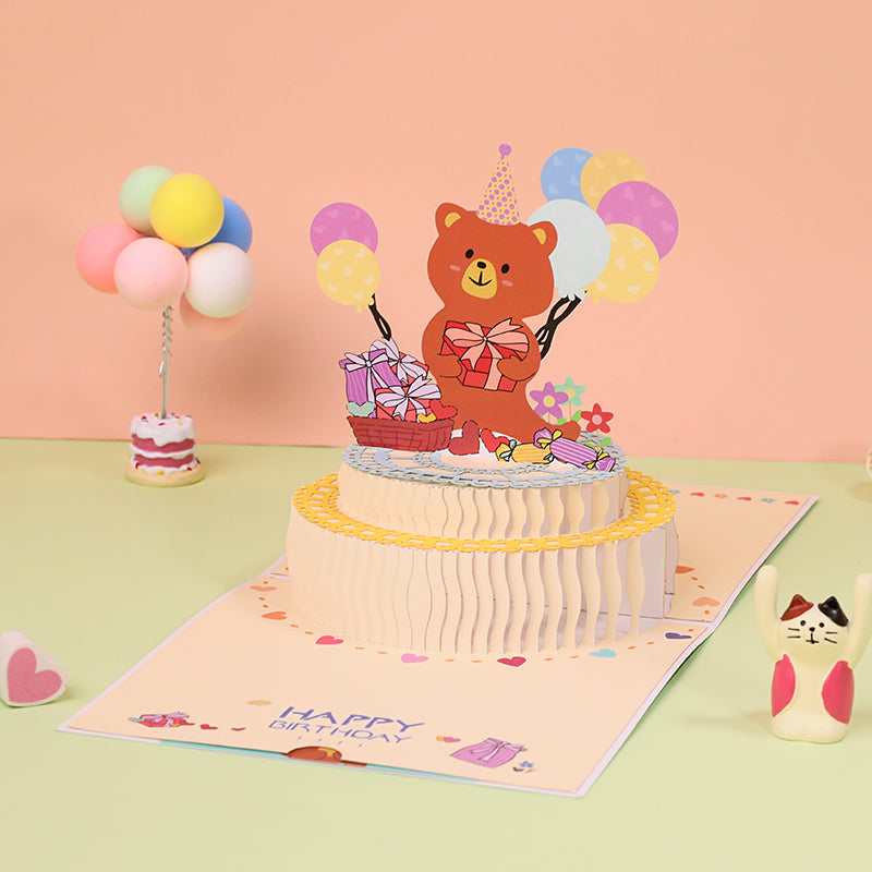 B - 3D Bear Birthday Cake Invitation Pop Up Creative Gifts Greeting Cards