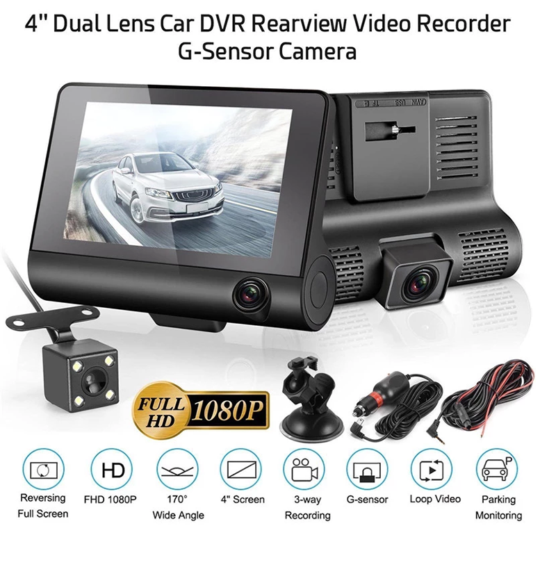 L - Dash Cam 4.0 Inch 3 Lens Car Black Box HD 1080P 170 Degree Wide Angle Car Camera DVR Video Recorder G-Sensor Dashcam