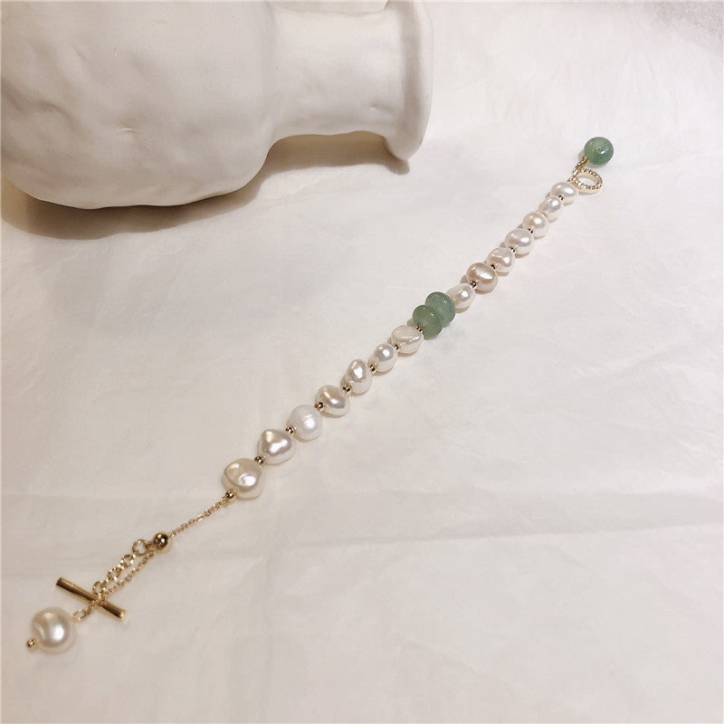 V - Real Jade & Fresh Water Pearl Crystal Charm Adjustable Bracelet Real Pearls White Baroque Gold Gift