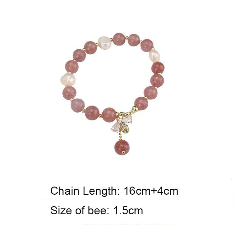 PL - Real Pearl Strawberry Pink Quartz Bee Charm Gold plated bead Bracelet Gift