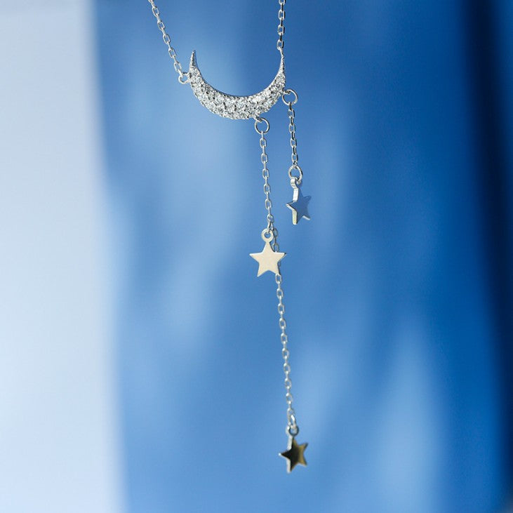 O - Stars & Moon Sterling 925 Silver Jewelry High Shine Crystal Choker chain necklace Gift