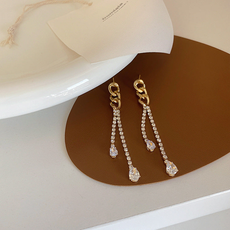 A - 18K Gold Plated Double Diamond Cubic Zirconia Chain Earring Drop Gift