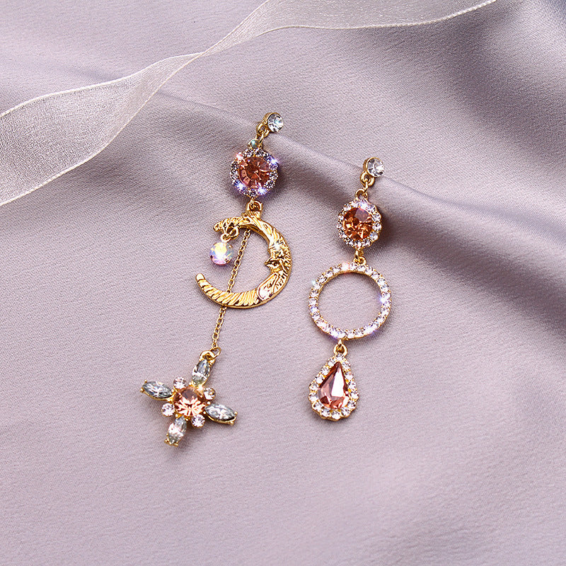 J - Asymmetrical Celestial Crystal Earrings Moon Stars Gold Alloy Rhinestone Fashion Earring Gift