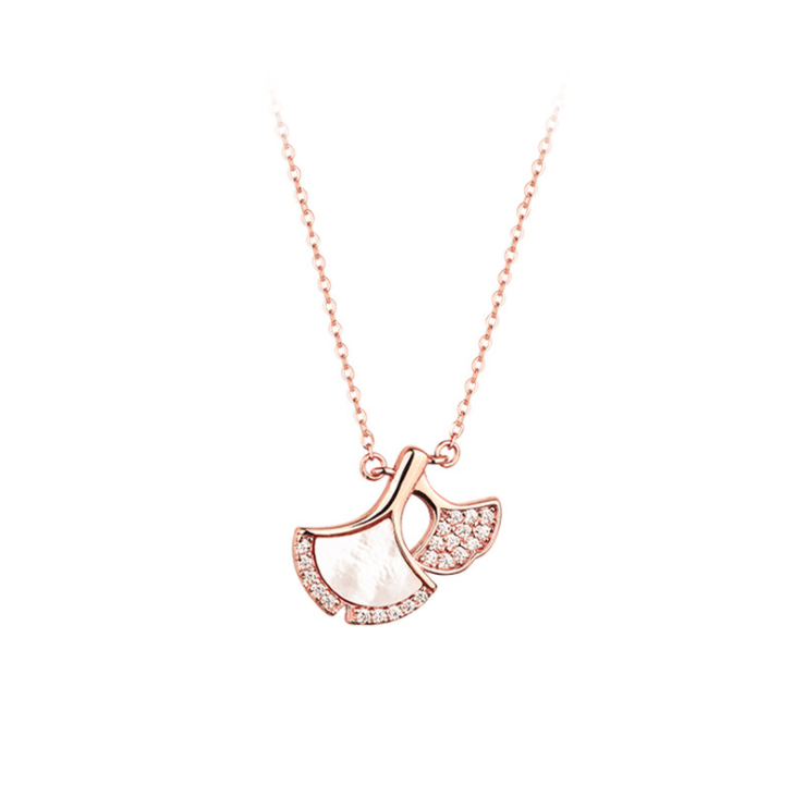 925 silver Korean sweet and temperament rose gold rhinestone double Ginkgo leaf shape pendant necklace women