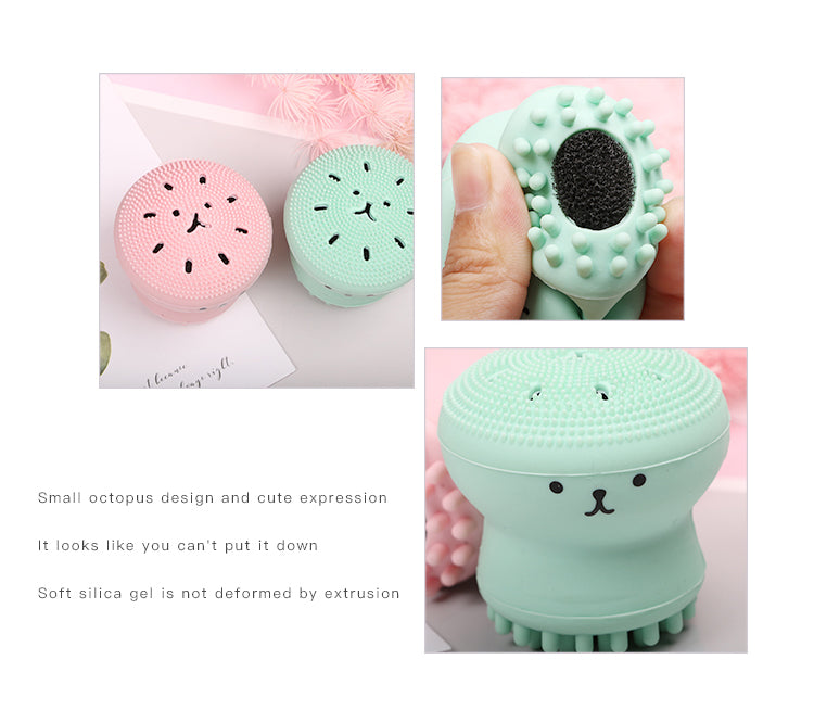 A - Cute Skin Cleanser Brush Exfoliating Makeup Scrubber Pink Purple Blue Green Octopus silicone